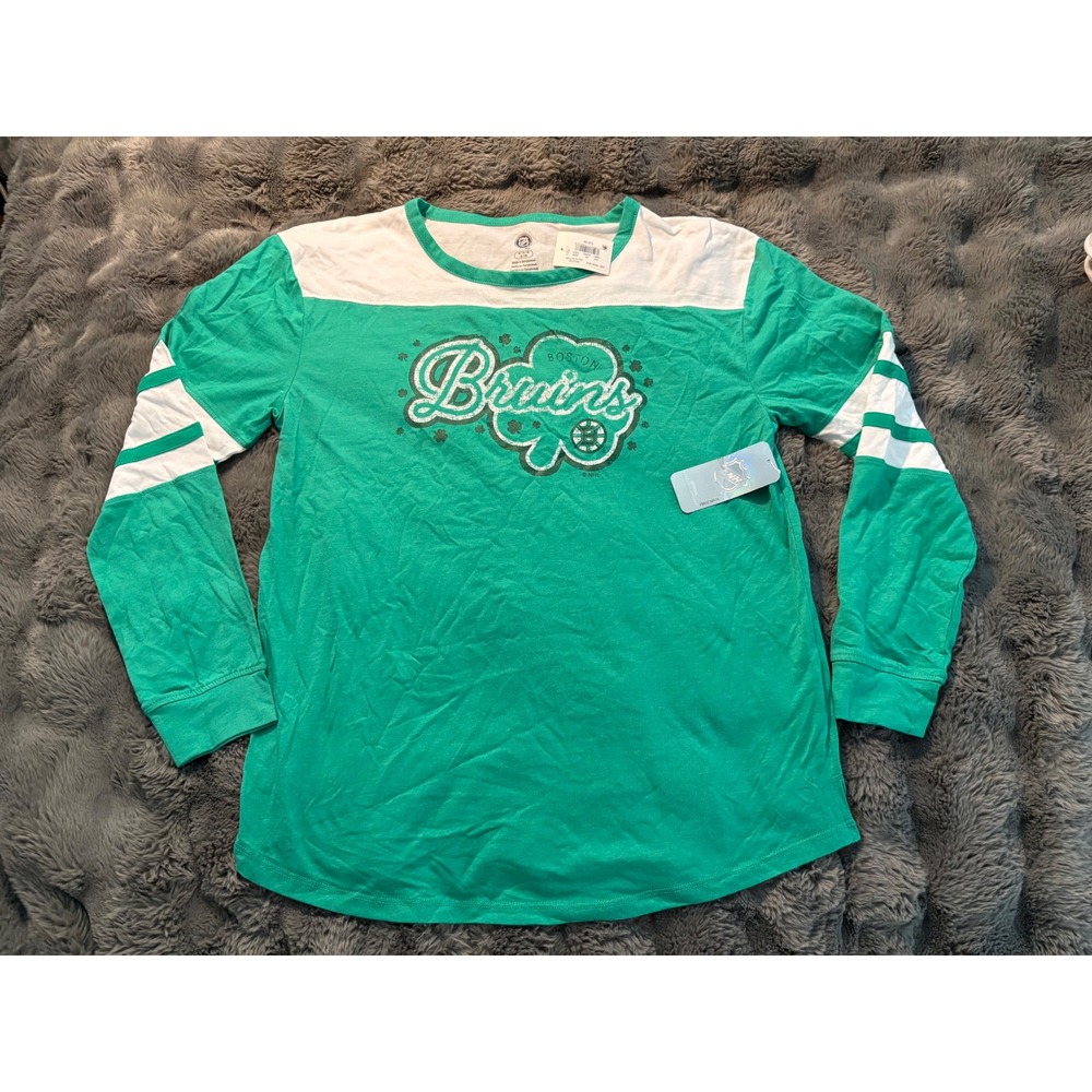 Boston Bruins Womens Long Sleeve Athletic T Shirt Green White Size M 8 10